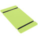 A lime green rectangular wood menu board with black rubber band straps.