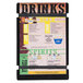A black wood menu board with rubber band straps holding drinks menus.