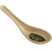 A white melamine soup spoon with a blue design.