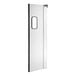 A white aluminum swinging traffic door with a window.