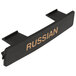 A black Tablecraft dispenser tag with orange "Russian" text.
