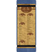 A Menu Solutions wood menu board with a blue background and brown rubber band straps.