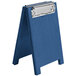 A true blue wooden Menu Solutions clipboard with a silver clip.