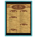 A Menu Solutions wood menu board with a blue frame.