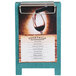 A Menu Solutions sky blue wood sandwich menu board tent with clip holding a menu on a table with a glass of red wine.