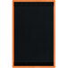 A black board with a wooden frame and orange strips on the top and bottom.