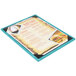 A Sky Blue wood menu board with picture corners.