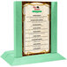 A teal wooden Menu Solutions stand with a menu on it.