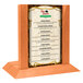 A Menu Solutions wooden menu holder with a 4" x 6" insert slot on a table.