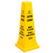 A Rubbermaid yellow cone-shaped caution sign with black text reading "Caution Wet Floor" in English and Spanish.