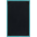 A blue wood menu board with black picture corners.