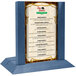 A Menu Solutions wood menu holder with a blue frame on a table.