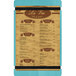 A white Menu Solutions menu board with brown and blue stripes on it.