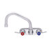 A silver Fisher wall mount faucet with lever handles and red and blue labels.