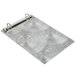 A silver metal Menu Solutions clipboard with swirls and rings.