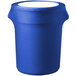 A blue spandex cover for a round trash can with a white lid.