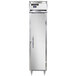 A silver Continental Narrow Solid Door Reach-In Refrigerator with a stainless steel door and a digital display.
