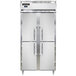 A white rectangular Continental reach-in refrigerator with two narrow solid half doors.