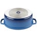 A cobalt blue and silver oval Dutch oven with a lid.