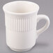 An 8 oz. ivory (American white) china mug with an embossed rim and handle.