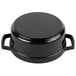 A black round GET Heiss cast aluminum bistro pot with a lid.