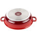 A red pan with a silver lid.