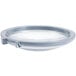 A clear round lid with a ring on it for a Robot Coupe commercial food processor.