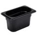 A black Cambro plastic food pan with a lid.