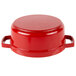 A red and white enamel coated round bistro pot with a lid.