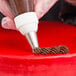 A person using an Ateco closed star piping tip on a pastry bag to decorate a cake.
