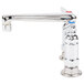 A chrome T&S deck-mounted faucet with lever handles and a blue lever.