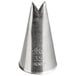 A silver metal Ateco piping tip with a pointed tip and a leaf logo.