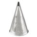 A silver cone shaped piping tip with a metal handle.