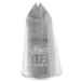 A silver metal Ateco 112 leaf piping tip nozzle.
