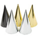 A group of black, gold, and silver cone shaped party hats.
