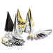 A black plastic cone party hat, gold and silver party hats, and black and white party hats.