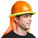 A man wearing a Cordova orange hard hat with a mesh net.