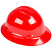 A close up of a red Cordova Duo Safety full-brim hard hat with white suspension.