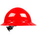 A close-up of a red Cordova hard hat with a black clip.