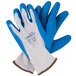 A pair of blue and white Cordova Cor-Grip gloves with blue latex coating on the palms.