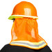 A person wearing a Cordova safety orange hard hat.