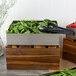 A Tablecraft stainless steel rectangular bowl on a counter with a box of spinach and tomatoes.