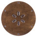 A circular mahogany wooden turntable with metal rivets.