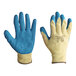 A pair of large yellow Cordova Kevlar gloves with blue latex palms.