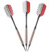 Three Arachnid SFA300 soft tip darts with red and black striped barrels.