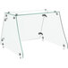 An Avantco flat glass sneeze guard with metal hinges over a table.