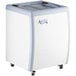 An Avantco white and grey ice cream dipping cabinet on wheels.