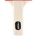 A close-up of a Stiga ping pong paddle with a wooden handle and red and black rubber on the paddle face.