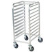 A metal tray rack with wheels.