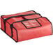 A red Choice insulated pizza delivery bag with black straps and a zipper.